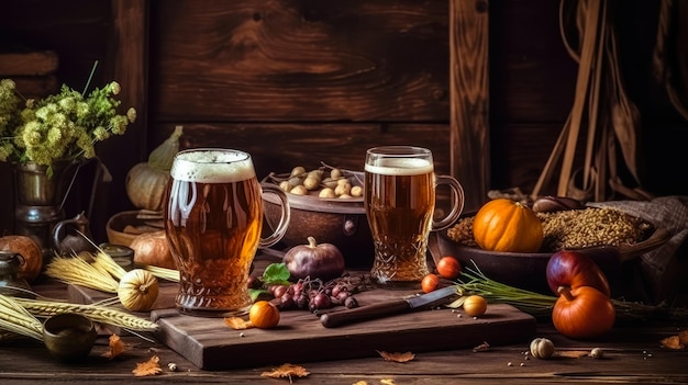 Mug of beer with wegetables on wooden table background still life copy space ai generated