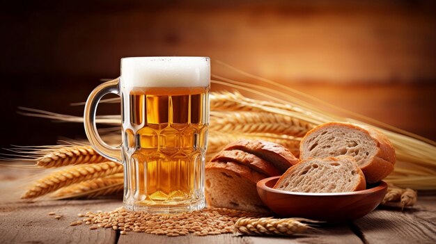 mug of beer with wheat barley and barrels