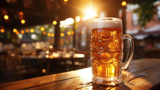 Mug of beer on wooden table in pub closeup view