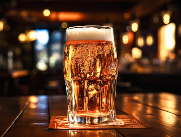 Mug of beer on a wooden table in a pub or restaurant