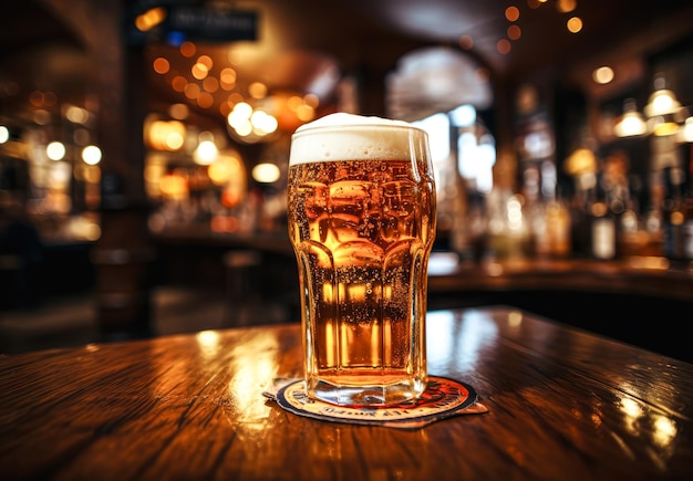 Mug of beer on a wooden table in a pub or restaurant