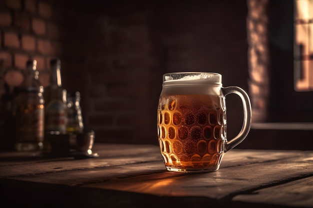 Mug of beer on a wooden table in a pub