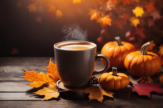 Mug of coffee and autumn leaves and pumpkins ai generative