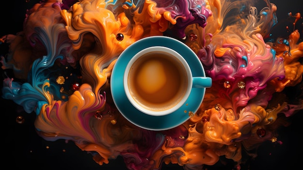 a mug of coffee that is filled with colored paints on a black background top view