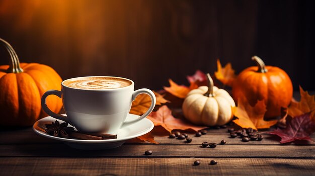 Mug of Coffee with Spices and Dry Oak Leaves Autumn Vibes