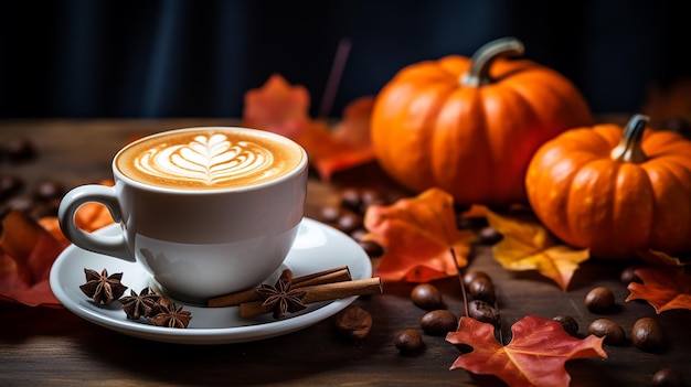 Mug of Coffee with Spices and Dry Oak Leaves Autumn Vibes