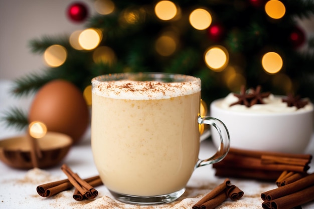 A mug of eggnog with cinnamon sticks on a table next to a christmas tree