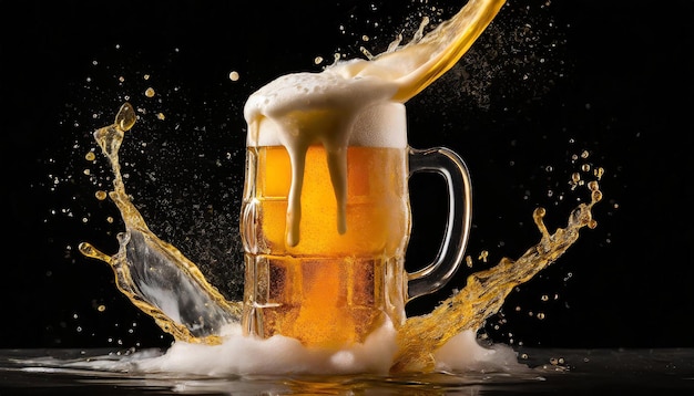 Mug of golden beer with foam and splashes levitating Alcoholic beverage Black background