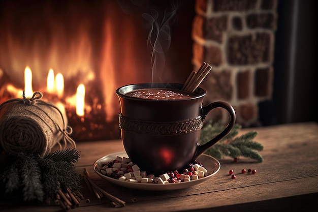 Mug of hot chocolate cinnamon is on table in front of the burning fireplace Christmas mood home comfort 3d illustration