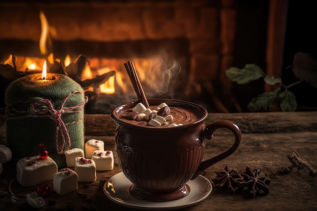 Mug of hot chocolate cinnamon is on table in front of the burning fireplace Christmas mood home comfort 3d illustration