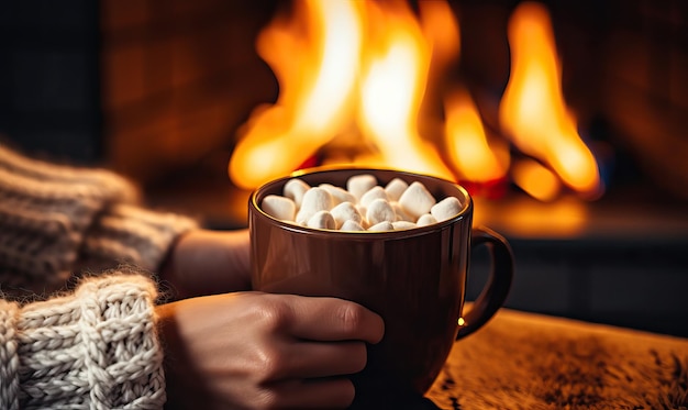 Mug of hot chocolate or coffee by the Christmas fireplace Woman relaxes by warm fire with a cup of