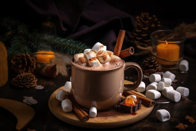 A mug of hot chocolate topped with marshmallows and spices created with generative ai