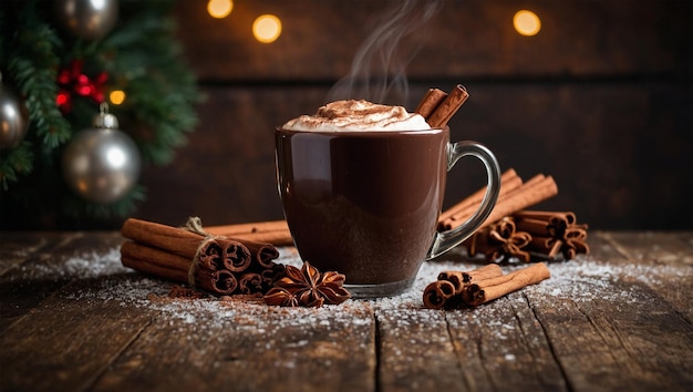 Photo mug of hot chocolate with a cinnamon stick and a dash of nutmeg