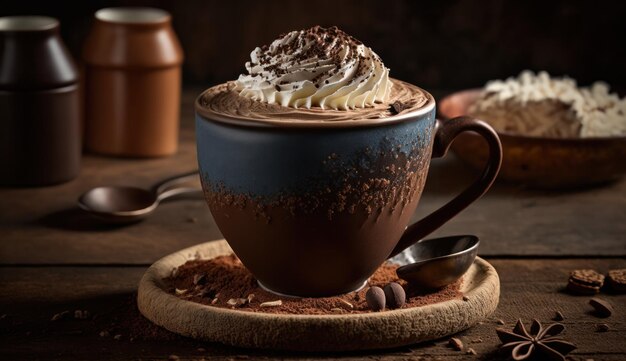 A mug of hot chocolate with whipped cream and chocolate on top.