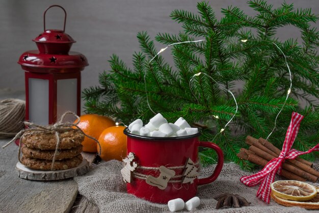 Mug of hot cocoa with marshmallows for Christmas.