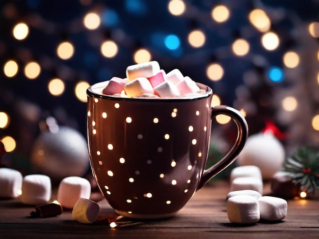 Photo mug of hot coffee with marshmallows chrismas concept background