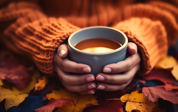 A mug of hot drink in female hands on a background of autumn leaves top view