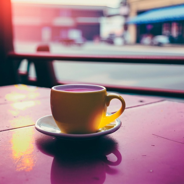 A mug of hot tea in the morning in a cafe