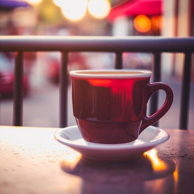 A mug of hot tea in the morning in a cafe