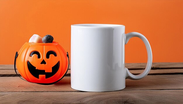 a mug and mug with a pumpkin face on it next to a mug