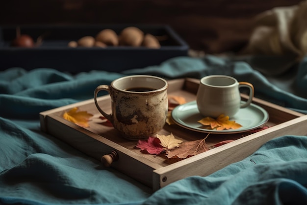 Mug of tea or coffee with colorful fallen leaves on rustic wooden tray over bed linen