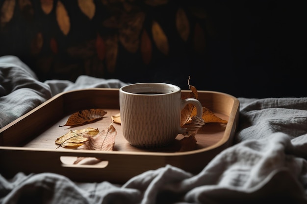 Mug of tea or coffee with colorful fallen leaves on rustic wooden tray over bed linen