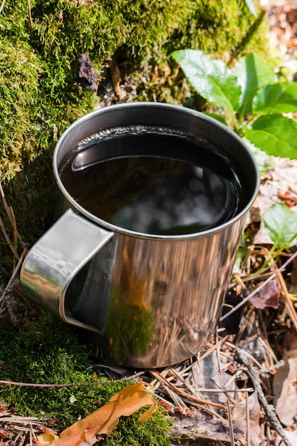 A mug of tea in the forest on an old stump with moss