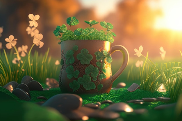 A mug with clovers on it in the grass