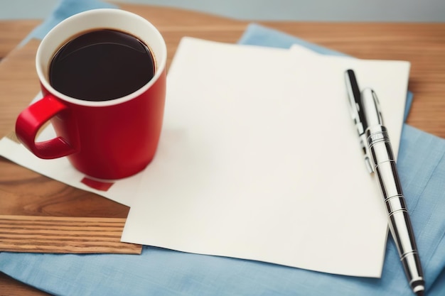 A mug with coffee on the table a pen lies on a napkin for notes mockup composition Generative AI