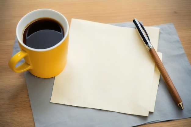 A mug with coffee on the table a pen lies on a napkin for notes mockup composition Generative AI