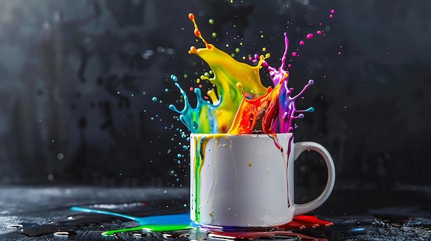 a mug with colorful liquid and a green and orange splash