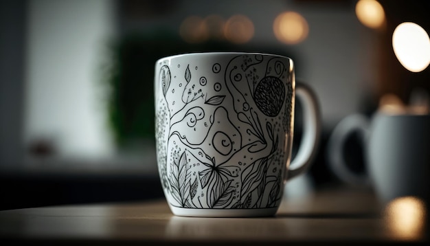 A mug with a drawing of a woman on it