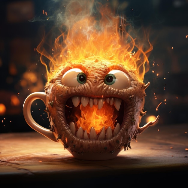 a mug with a fire coming out of it