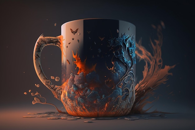 A mug with a fire on it and the word fire on it.