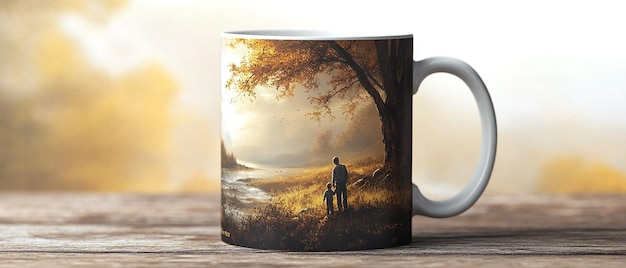 a mug with a man and a sunset on it