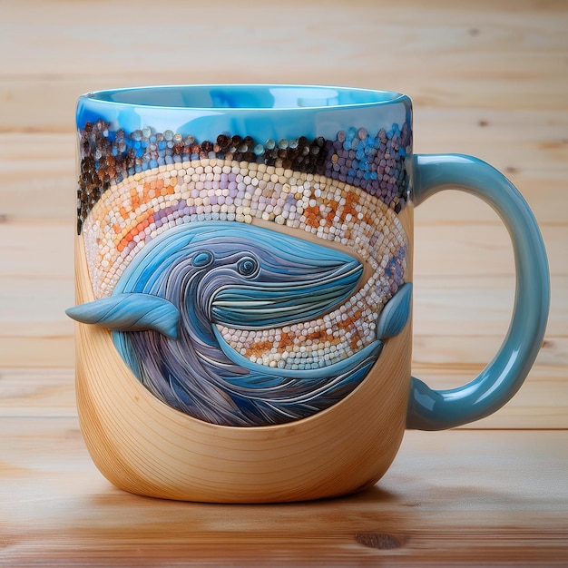 a mug with a rainbow colored design on it sits on a wooden table