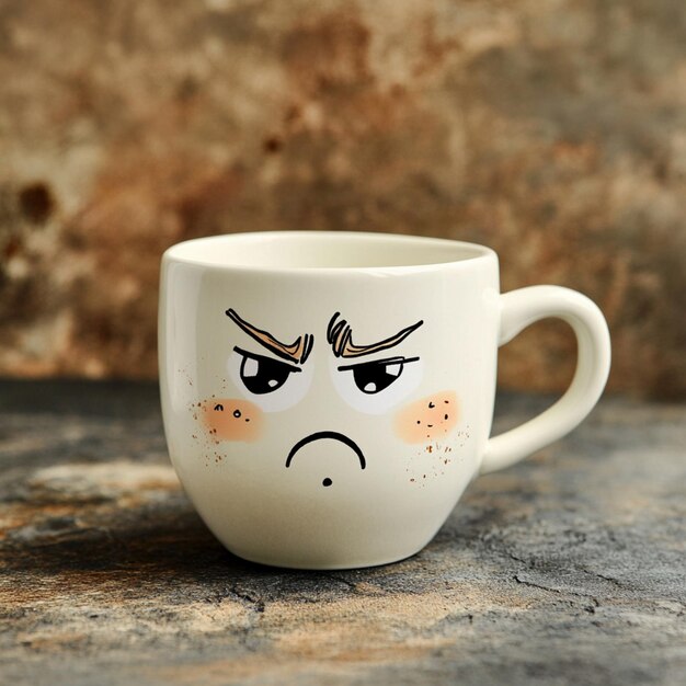 Photo a mug with a sad face on it with a sad face on the side