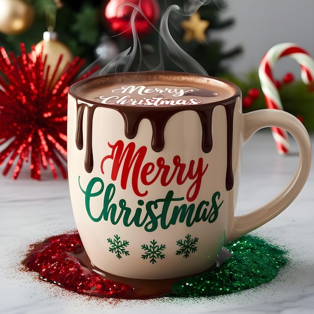 a mug with a steamy drink on it that says merry christmas