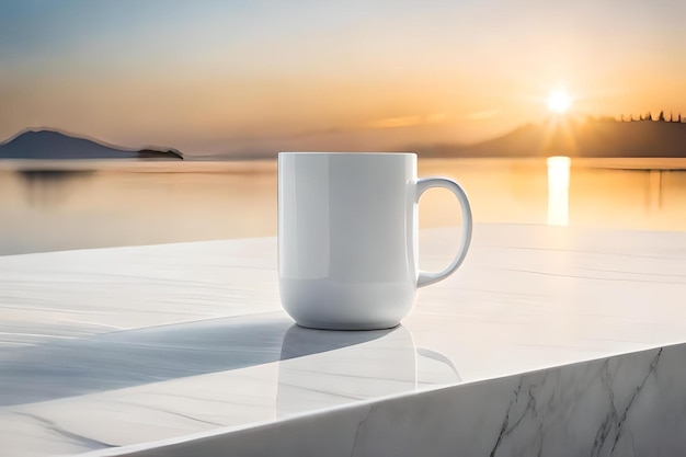 A mug with the sun setting behind it