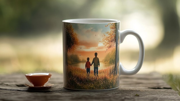 a mug with two children and a sunset on it