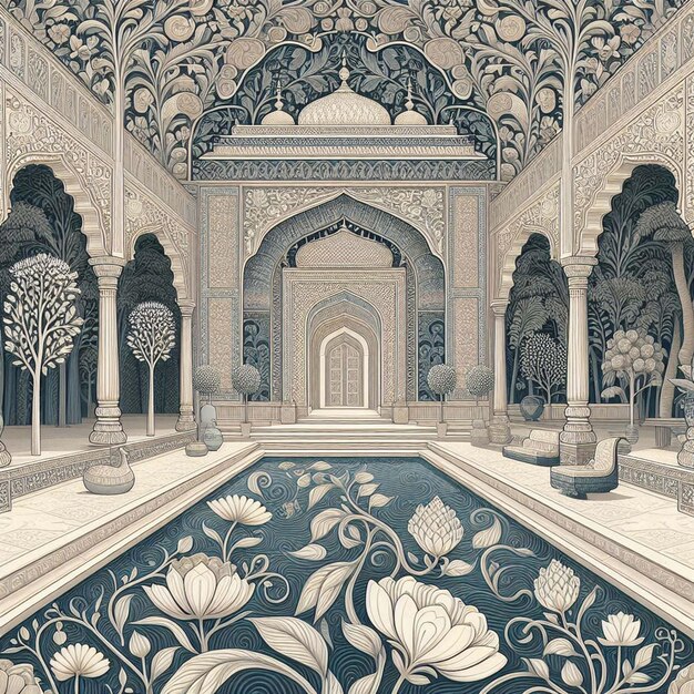 Photo mughal garden illustration art background traditional mughal arch garden mughal garden illustrat