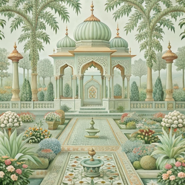 Mughal Garden Pavilion With Intricate Details and Lush Greenery Generative AI