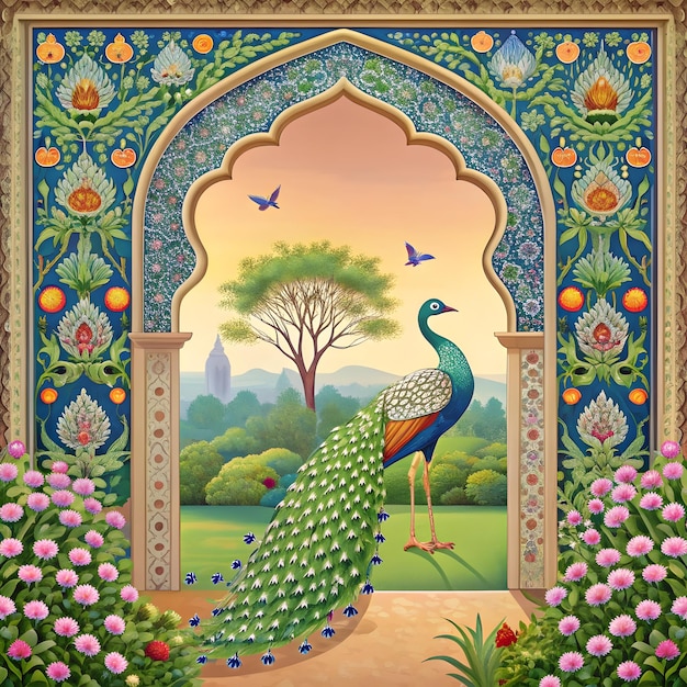 Mughal garden with peacock bird arch illustration