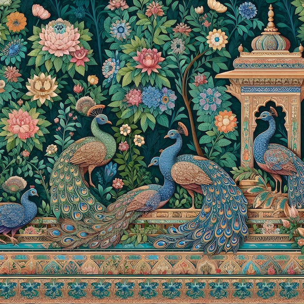 Mughal Garden with Peacock and Floral Patterns Exquisite Mughal Art Illustration