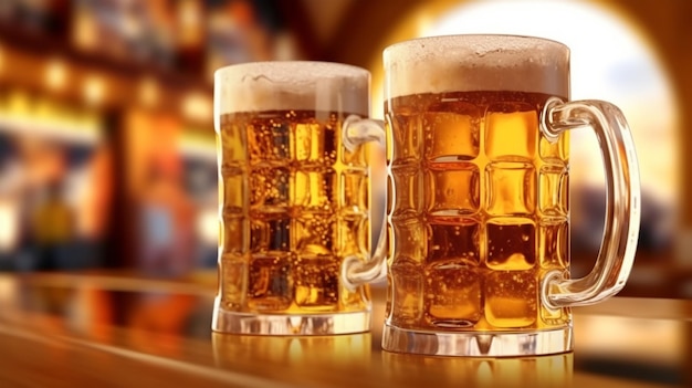 A mugs of cold beer in a pub copy space Generated AI