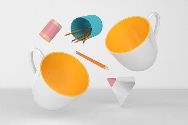 Mugs On Desktop Floating In White Background