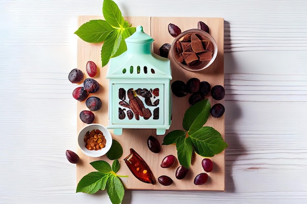 Mugs of drink near dried fruits on saucer Generative Ai