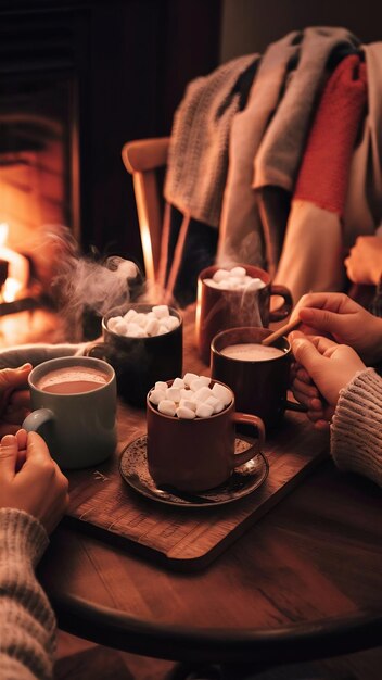 Photo mugs with marshmallows near warm wear