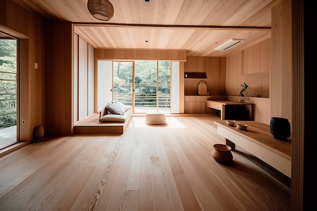 Muji design an empty wooden room and interior cleaning of a Japanese room