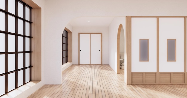 Muji style Empty wooden roomCleaning japandi room interior 3D rendering